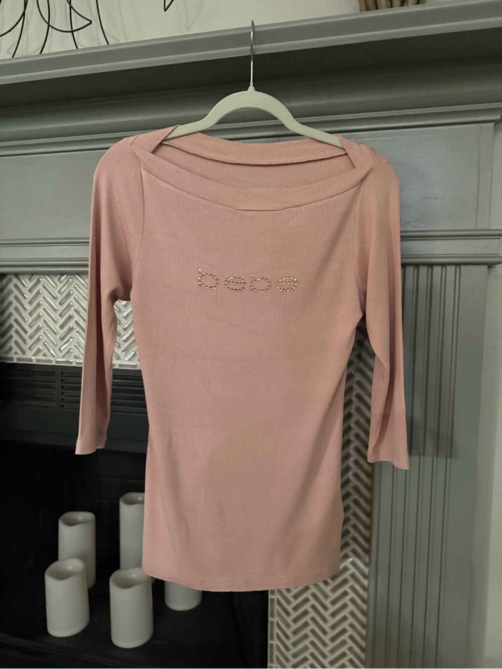 bebe Rose Pink Rhinestone Logo Boatneck Long Sleeve Top